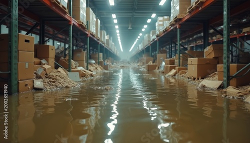 Flooded warehouse storage with submerged cardboard boxes and debris floating. Water damage inside industrial facility. Ruined inventory under murky floodwater. Cleanup efforts needed.