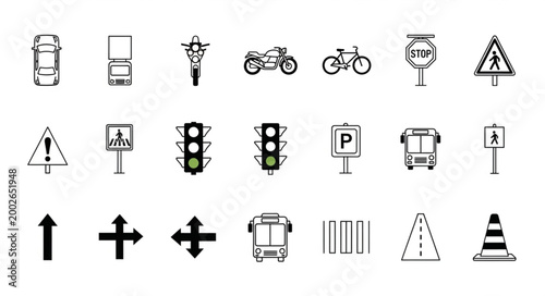 Collection of traffic signs and symbols for road safety.