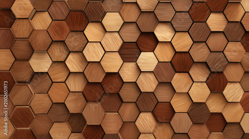 A detailed close up of wooden hexagonal tiles in various shades of brown and tan forming a pattern