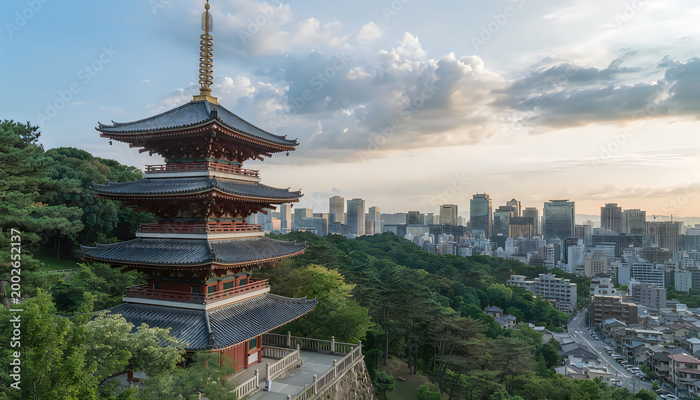 Obraz premium Traditional Japanese pagoda at dusk overlooking modern cityscape with golden sunset glow