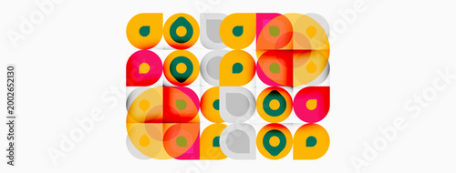 Colorful circles, squares, rectangles form abstract pattern. Bright hues create playful, geometric composition. Simple shapes repeat.