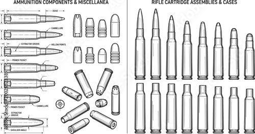 Detailed technical illustration of ammunition components and rifle cartridge assemblies with labeled diagrams for educational and reference use