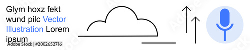 Technology, communication, cloud storage, audio recording, voice recognition, data sharing. Microphone and cloud icon with upload arrows. Technology and communication concept