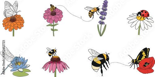 Foto Collection of charming insects on colorful flowers hand-drawn vector illustratio