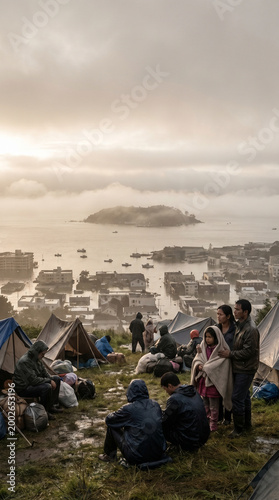People gathered on a hill during a dramatic sunset, overlooking a sinking island with tents set up for evacuation, under a cloudy sky with calm waters in the background