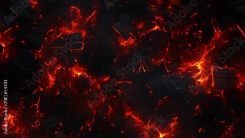 Fiery embers glow intensely, creating a mesmerizing and dangerous display. Dark, charred fragments are illuminated by the vibrant, molten heat.