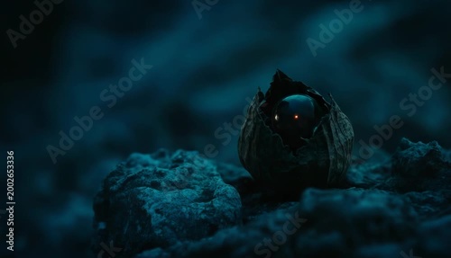 A mysterious glowing orb rests within a natural husk. Its light shifts from warm gold to an intense, deep red.