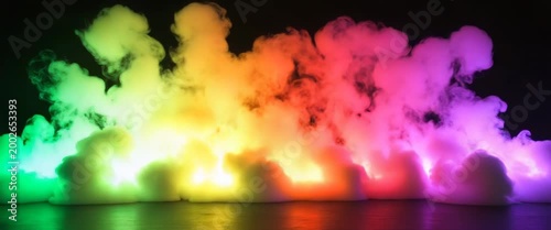 Vibrant rainbow smoke rises dynamically against a dark background. Glowing colors create a magical, ethereal, and energetic display.