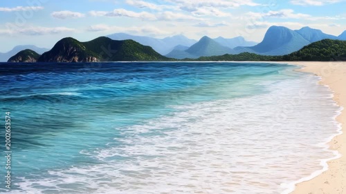 Gentle waves wash upon a pristine sandy beach. Lush green mountains frame the tranquil blue ocean.