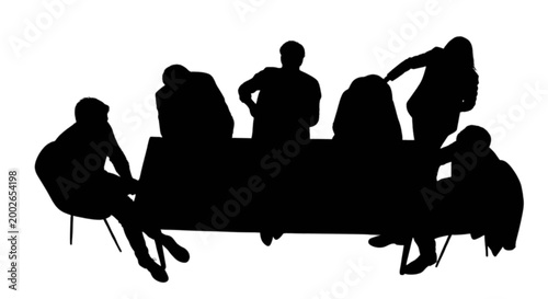 Silhouette group discussing at long table isolated on transparent background, Vector