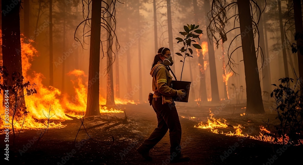 Fototapeta premium A female firefighter wears a protective respirator mask while carrying a small green potted plant through a dangerous burning area.