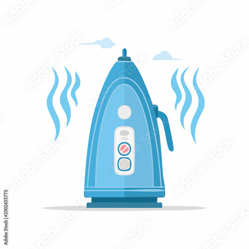 Blue steam iron with steam coming out