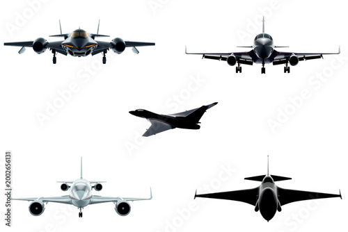 Set of modern airplanes in multiple views isolated on transparent background