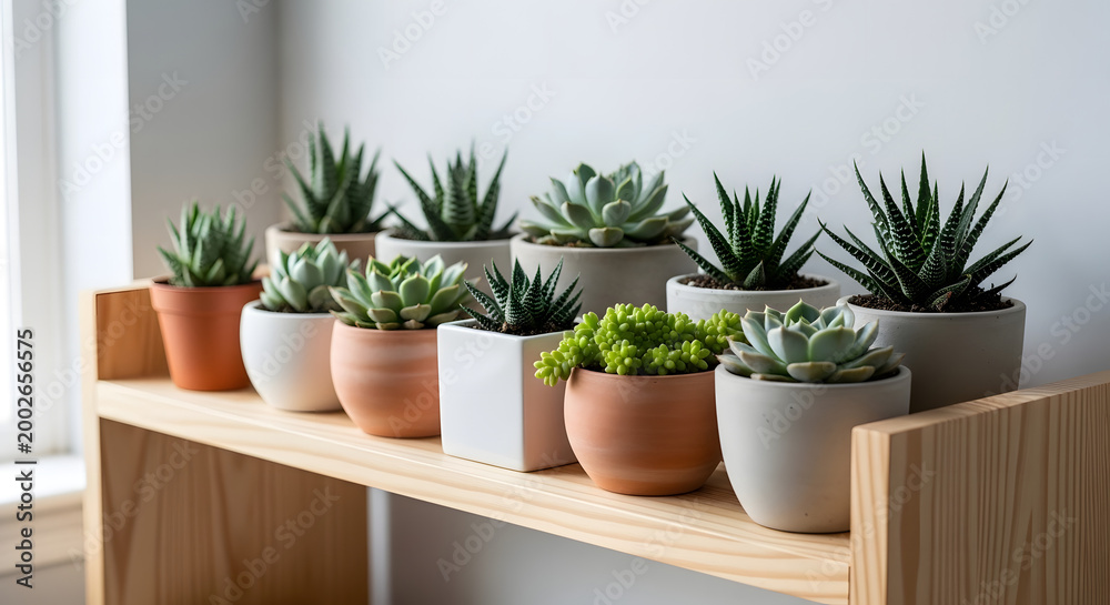 Fototapeta premium Indoor potted plants arranged on wooden shelf creating modern home decor aesthetic with greenery perfect for interior design lifestyle and minimal natural living concepts