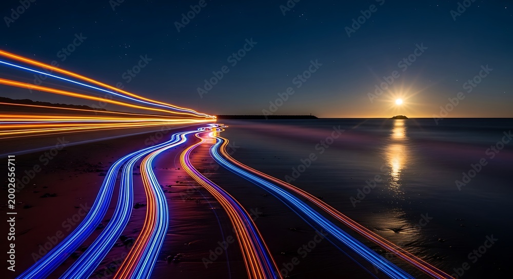 Obraz premium Stunning long exposure light trails along a dark coastal road at twilight.