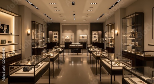 Luxurious jewelry store displays exquisite watches and fine accessories in illuminated glass display cases
