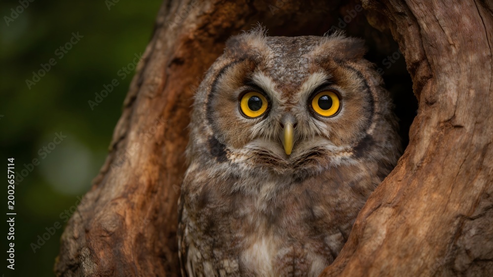 Fototapeta premium Owl peeking from tree hollow