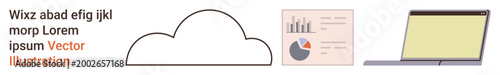 Cloud storage, data science, digital technology, remote work, virtual tools, information management. Minimalist cloud, analytics chart laptop. Cloud storage and data science in technology concept