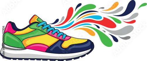 Colorful sneaker illustration with dynamic paint splash modern running shoe design creative sport footwear vector artwork