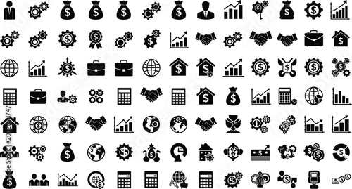 Large Collection of Business and Finance Solid Black Icons Featuring Money Bags Growth Charts Global Networking and Corporate Strategy