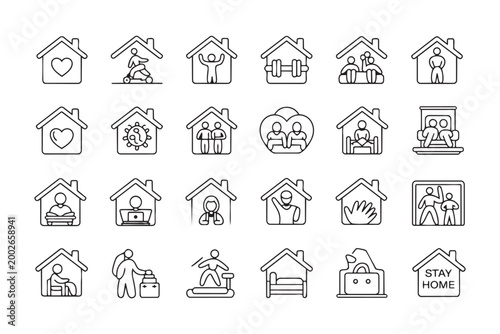 Various line icons depicting people staying home and engaging in different indoor activities