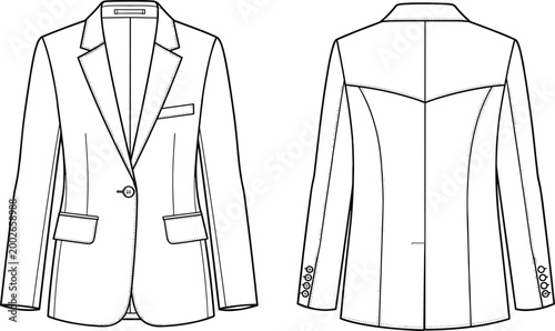 Women Long Sleeve Classic Blazer Jacket Fashion Flat Technical Sketch Template Featuring Notch Lapel And Front Back Views