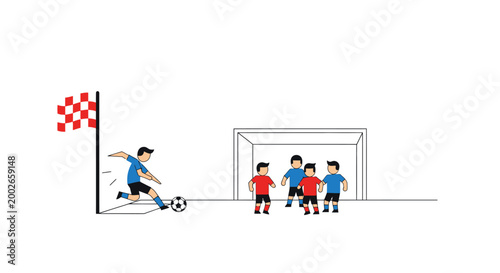 Soccer player kicking ball near goal.