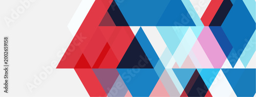 Abstract geometric shapes, triangles dominate composition. Red, blue, pink hues create dynamic visual texture. Modern design element.