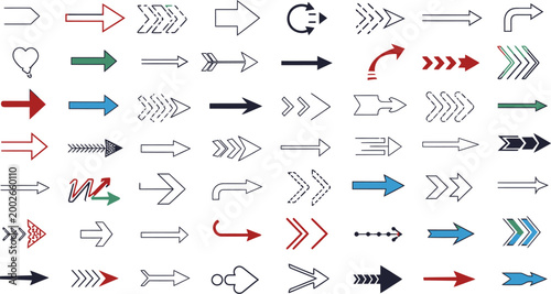 Collection of various colorful arrow symbols and icons pointing rightward in different styles and colors