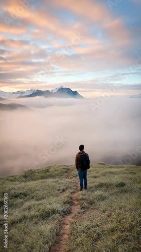 Male caucasian adult hiker walking a narrow path toward fog filled mountain basin at sunrise with backpack