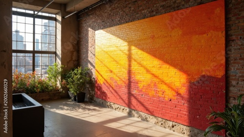 An expansive sunset-themed mural on a red brick wall in an urban setting.