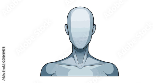 Blank faceless grey mannequin head and shoulders designed for artistic study or human anatomy reference concepts