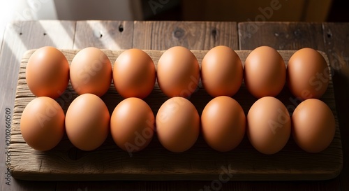 Brown Eggs Arranged on Rustic Wooden Cutting Board in Row