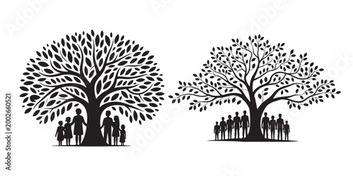 Two black silhouettes of family trees with groups of people standing beneath their branches