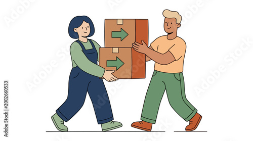 People carrying cardboard boxes with green arrows in a vector illustration on white
