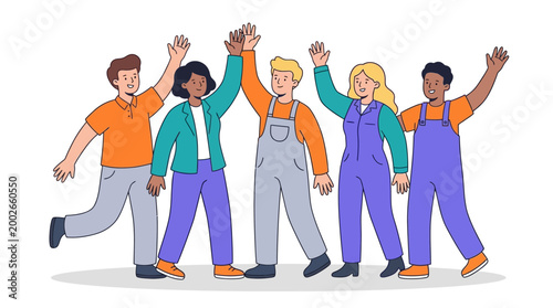 Diverse group of people high fiving and celebrating on a white background