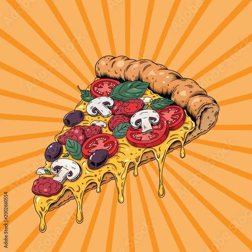 Cartoon pizza slice with assorted toppings on orange sunburst background melting cheese fun fast food vector illustration.