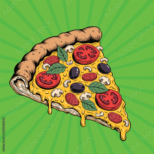 Fresh colorful pizza slice with vegetables and cheese on green background healthy style fast food vector illustration.