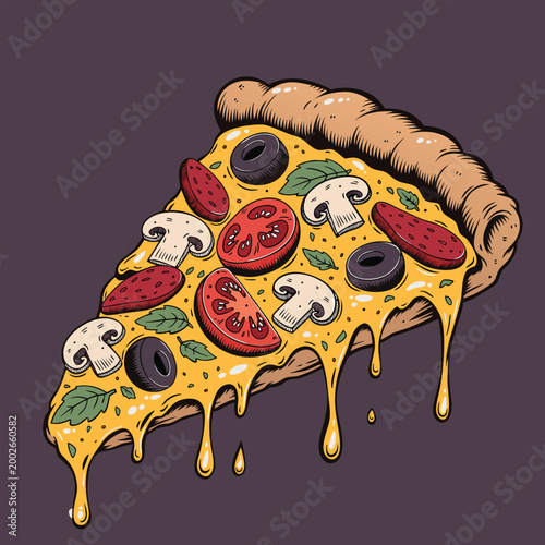 Delicious cheesy pizza slice with melting cheese olives mushrooms and pepperoni toppings on dark background vector illustration.