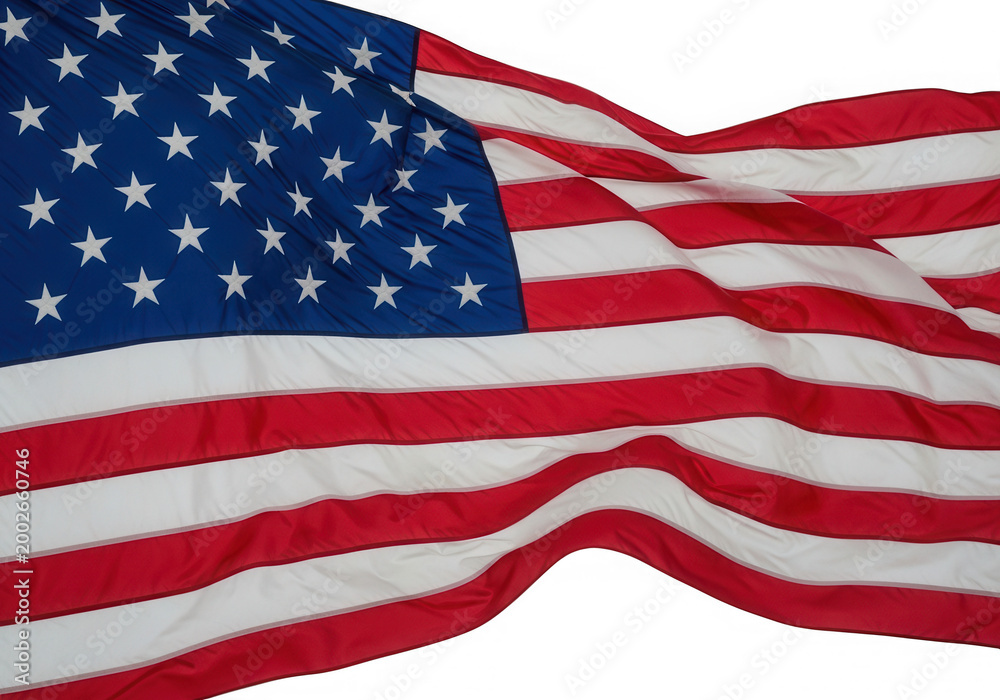 Fototapeta premium American flag waving in the wind with vibrant stars and stripes isolated on transparent background