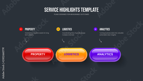 Investor Portfolio Three Option Diagram Slideshow Layout. Professional Launch 3 Element Infographic Frame Design. Business Development Presentation Template Vector Illustration.