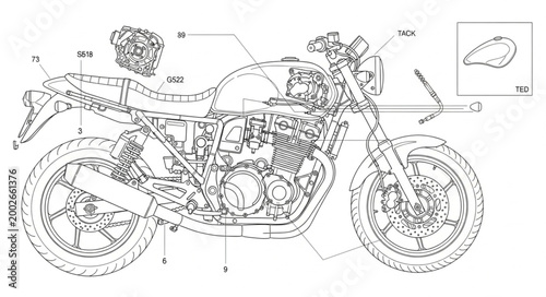 Detailed technical drawing of a motorcycle engine and chassis.