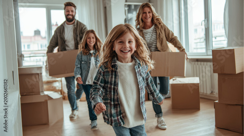 Happy family moving into new house with boxes joyful daughter running indoors, parents smiling bright modern home, warm real estate lifestyle