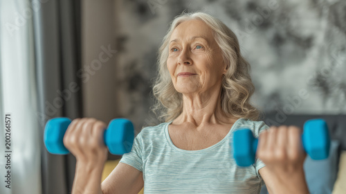 Senior woman exercise dumbbell workout home fitness healthy aging concept