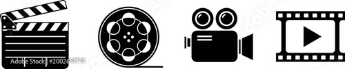 Cinema and video production icons set with clapperboard film reel camera and play screen symbols for multimedia design