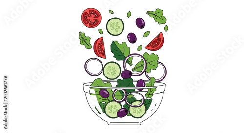 Fresh garden salad ingredients floating above a glass bowl in a vibrant hand drawn illustration