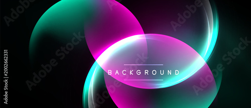 Abstract neon shapes overlap, creating vibrant color gradients. Dark background emphasizes glowing curves, text reads background.