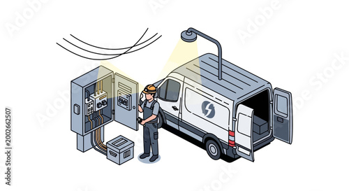 Electrician working on an outdoor electrical panel next to a service van with a mounted light, illustrating utility maintenance.