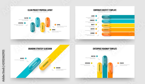 Sales Introduction 4 5 2 3 Option Infographic Slideshow Design Set. Service Performance Four Five Two Three Element Diagram Slide Template Vector Illustration Bundle.