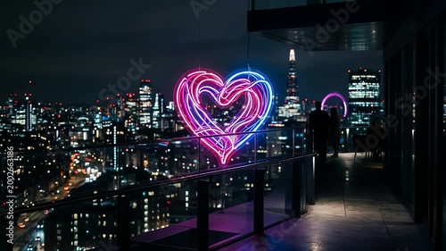 Neon heart installation glowing on a balcony overlooking a city skyline at night